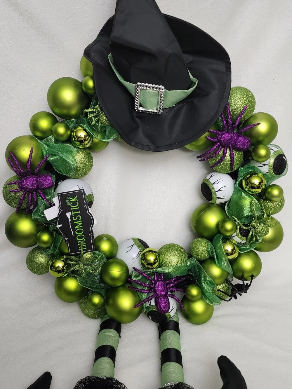 Halloween XLARGE Witch Wreath with Black Hat and Lime Green Ornaments